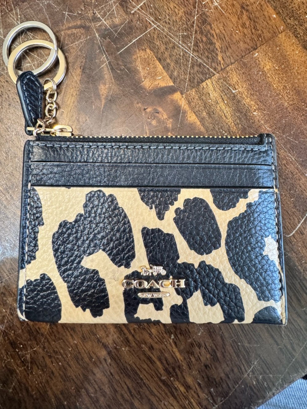 Coach Leopard Print Card Case Keyring - Black & Tan